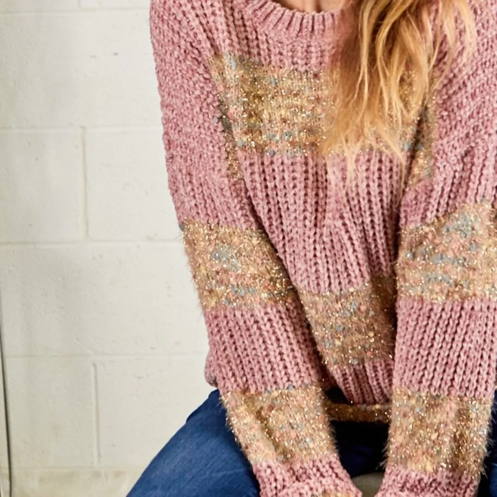**Last One** Chenille Confetti Soft Knit Sweater, Pink & Gold Metallic Details - Picture 6 of 12